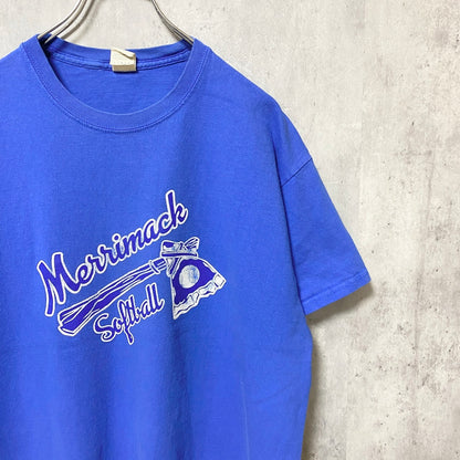 GILDAN　ギルダン　半袖プリントTシャツ　3連プリント　英字プリント　クルーネック　シンプル　青　ブルー　Lサイズ　