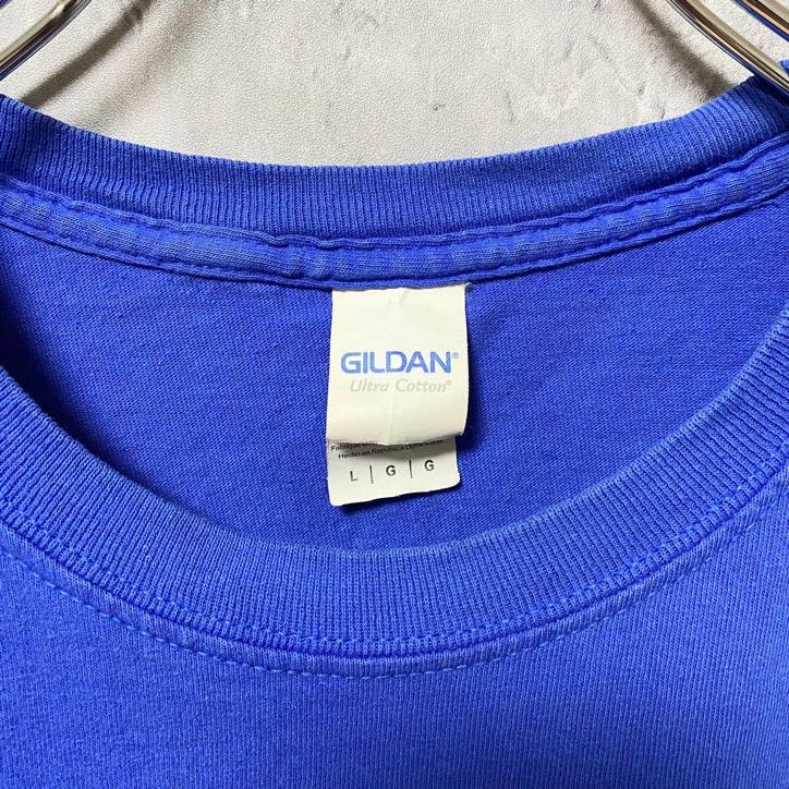 GILDAN　ギルダン　半袖プリントTシャツ　3連プリント　英字プリント　クルーネック　シンプル　青　ブルー　Lサイズ　