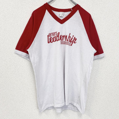 古着 used　Athletic Knit　半袖プリントTシャツ　Vネック　レトロデザイン　ラグラン　白　赤　ホワイト　Mサイズ