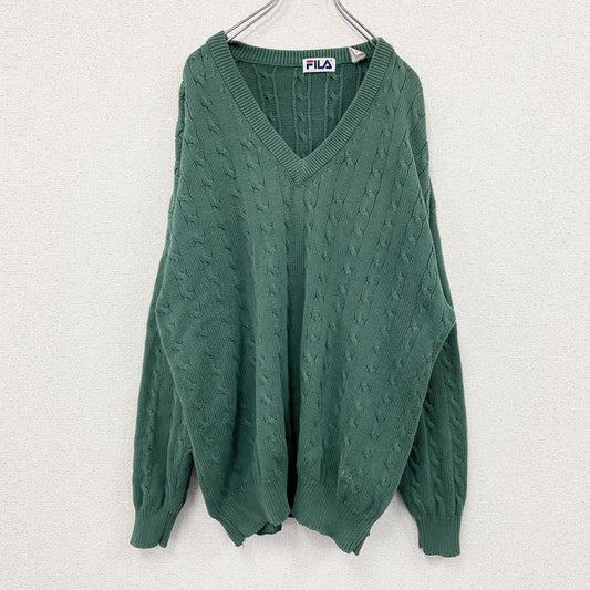 90s～　FILA　フィラ　コットンニットセーター　ケーブルニット　ユーロヴィンテージ　緑　グリーン　XLサイズ