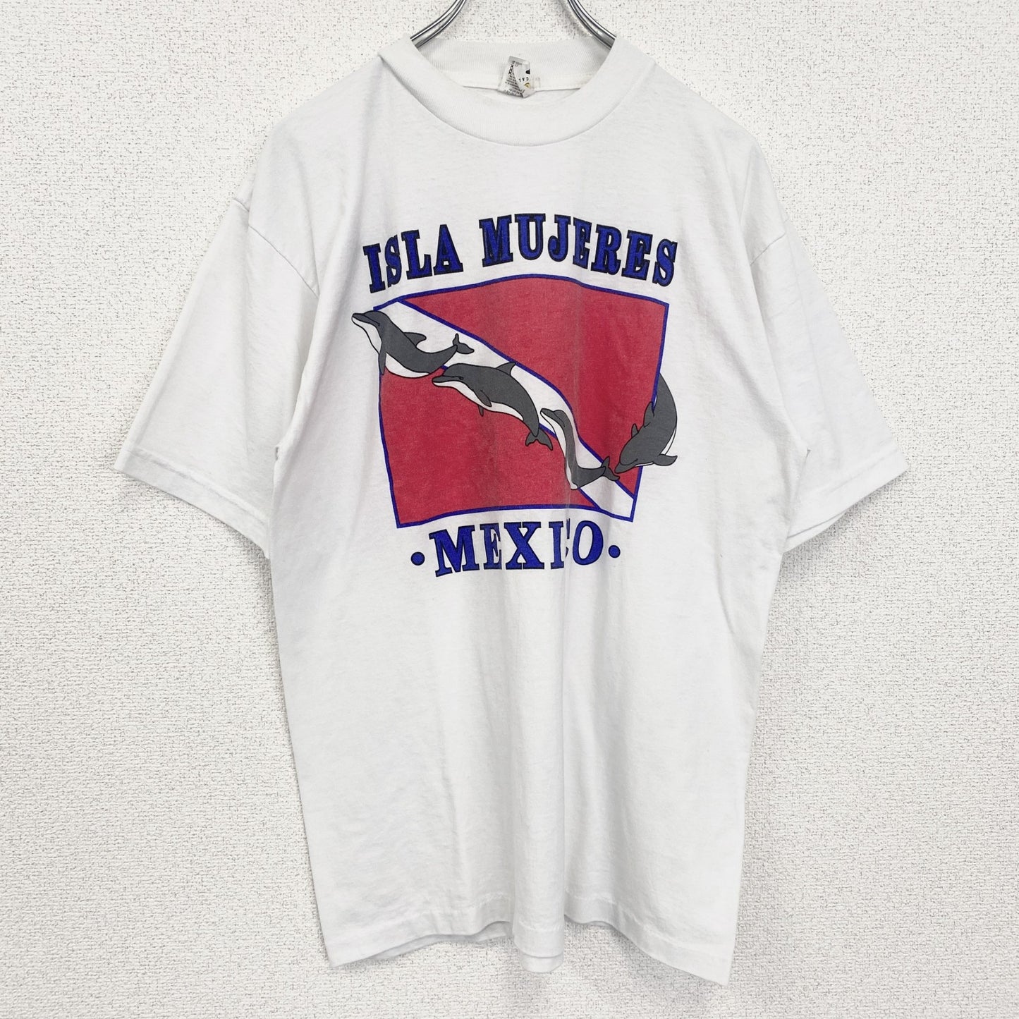 古着 used　半袖アニマルプリントTシャツ　レトロデザイン　クルーネック　イルカ　メキシコ　白　ホワイト　XLサイズ