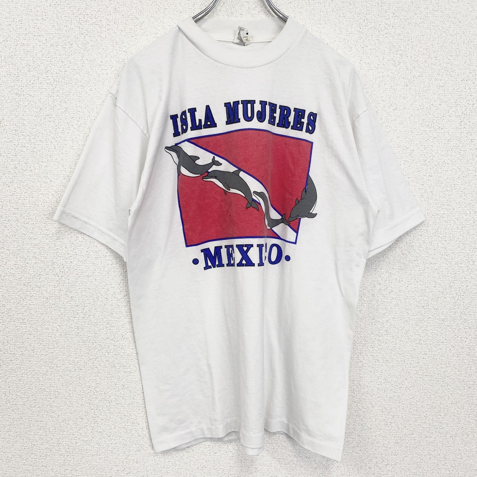 古着 used　半袖アニマルプリントTシャツ　レトロデザイン　クルーネック　イルカ　メキシコ　白　ホワイト　XLサイズ