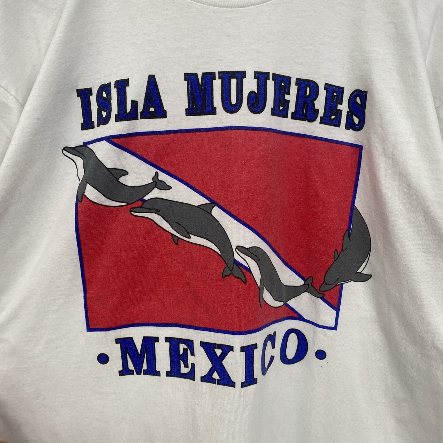 古着 used　半袖アニマルプリントTシャツ　レトロデザイン　クルーネック　イルカ　メキシコ　白　ホワイト　XLサイズ