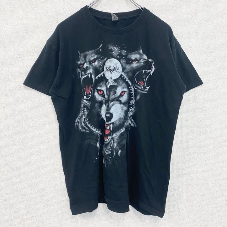 古着 used　半袖アニマルプリントTシャツ　狼　グラフィック　ウルフ　レトロデザイン　クルーネック　黒　ブラック　Lサイズ
