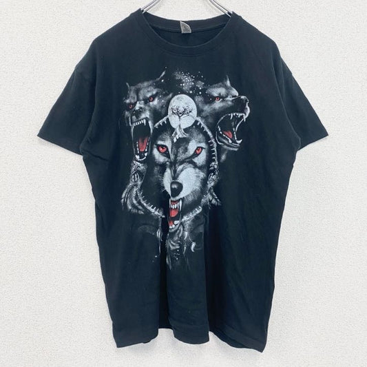 古着 used　半袖アニマルプリントTシャツ　狼　グラフィック　ウルフ　レトロデザイン　クルーネック　黒　ブラック　Lサイズ