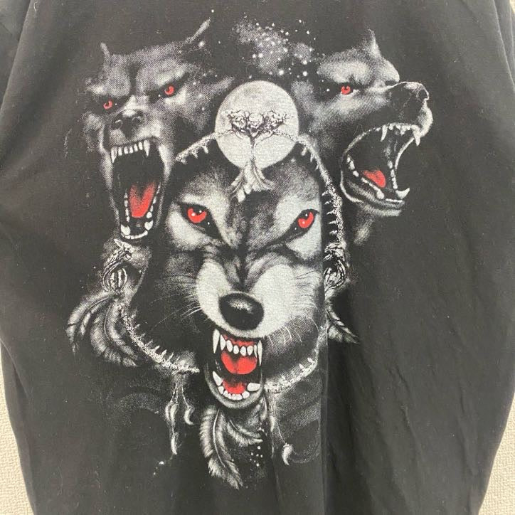 古着 used　半袖アニマルプリントTシャツ　狼　グラフィック　ウルフ　レトロデザイン　クルーネック　黒　ブラック　Lサイズ