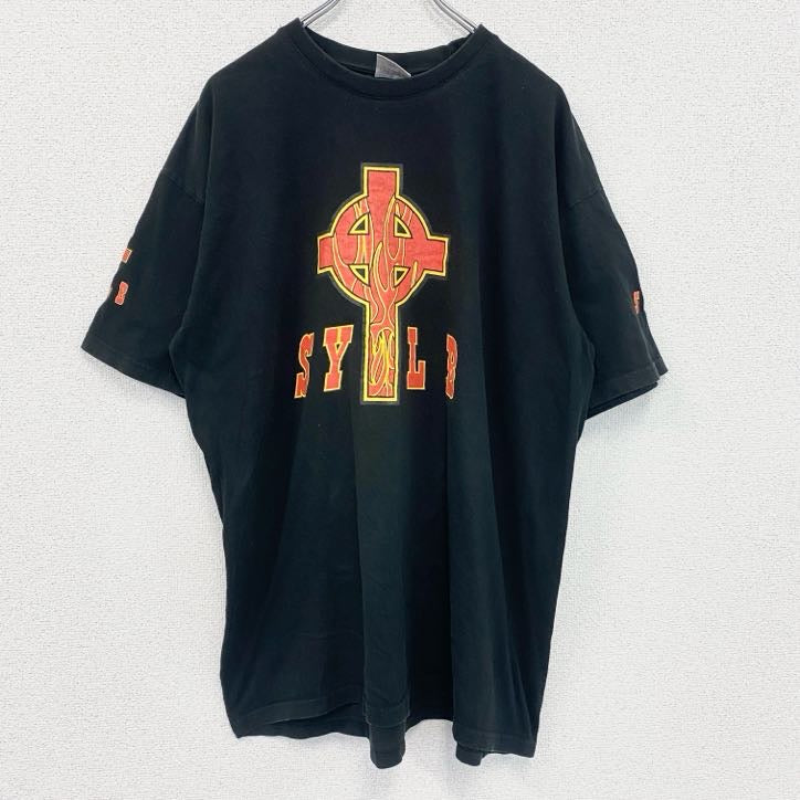 B＆C　半袖プリントTシャツ　十字架　炎　デカロゴ　黒　ブラック　XXLサイズ