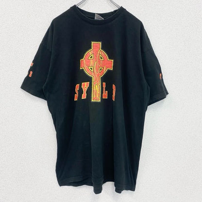 B＆C　半袖プリントTシャツ　十字架　炎　デカロゴ　黒　ブラック　XXLサイズ