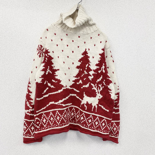 LIZ claiborne　タートルネックコットンニットセーター　総柄　赤　レッド　Lサイズ