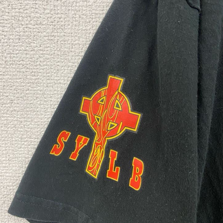 B＆C　半袖プリントTシャツ　十字架　炎　デカロゴ　黒　ブラック　XXLサイズ