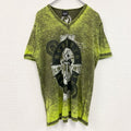 古着 used　半袖プリントTシャツ　レトロデザイン　十字架　ドクロ　Vネック　グラフィック　Y2K　緑　グリーン　Lサイズ