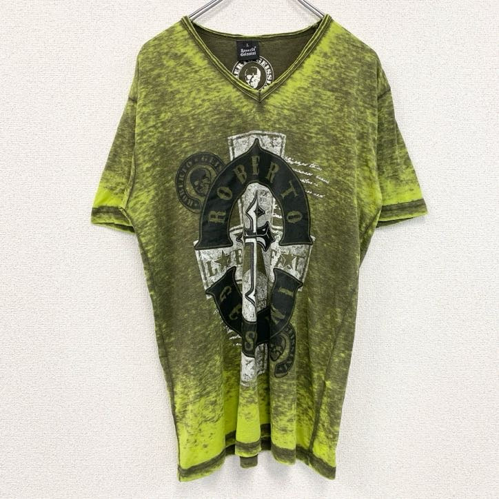 古着 used　半袖プリントTシャツ　レトロデザイン　十字架　ドクロ　Vネック　グラフィック　Y2K　緑　グリーン　Lサイズ