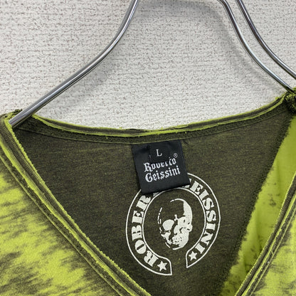 古着 used　半袖プリントTシャツ　レトロデザイン　十字架　ドクロ　Vネック　グラフィック　Y2K　緑　グリーン　Lサイズ