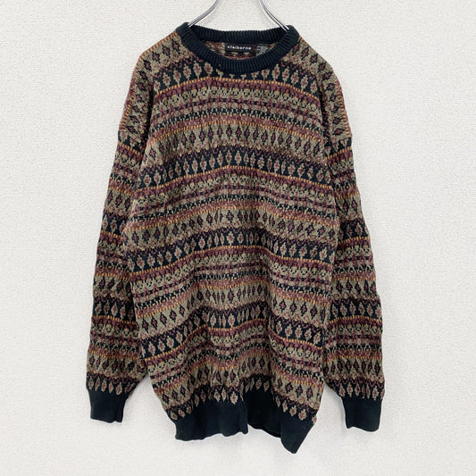 ～00s　claiborne　アクリルニットセーター　ヴィンテージ　総柄　茶色　ブラウン　Lサイズ