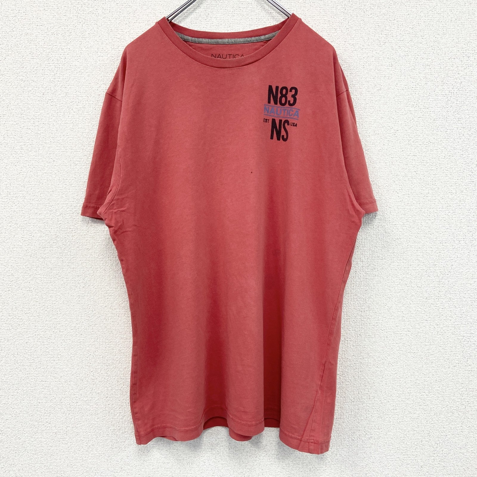 古着 used　NAUTICA　半袖プリントTシャツ　ヨット　赤　レッド　カジュアルデザイン　クルーネック　レトロ　Lサイズ