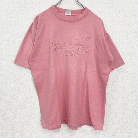 古着 used　半袖刺繍Tシャツ　90s　レトロデザイン　ヴィンテージ　クルーネック　シングルステッチ　ピンク　Lサイズ