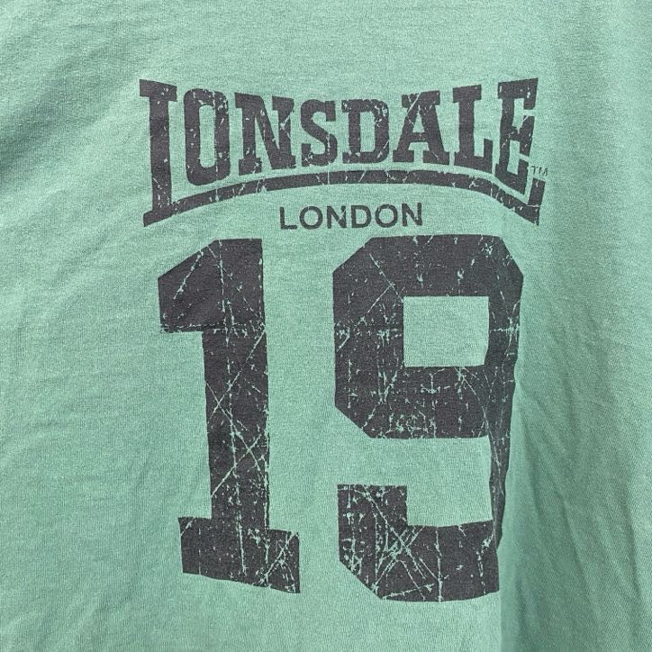 古着 used　LONSDALE　半袖プリントTシャツ　バックプリント　ナンバリング　レトロデザイン　クルーネック　緑　グリーン