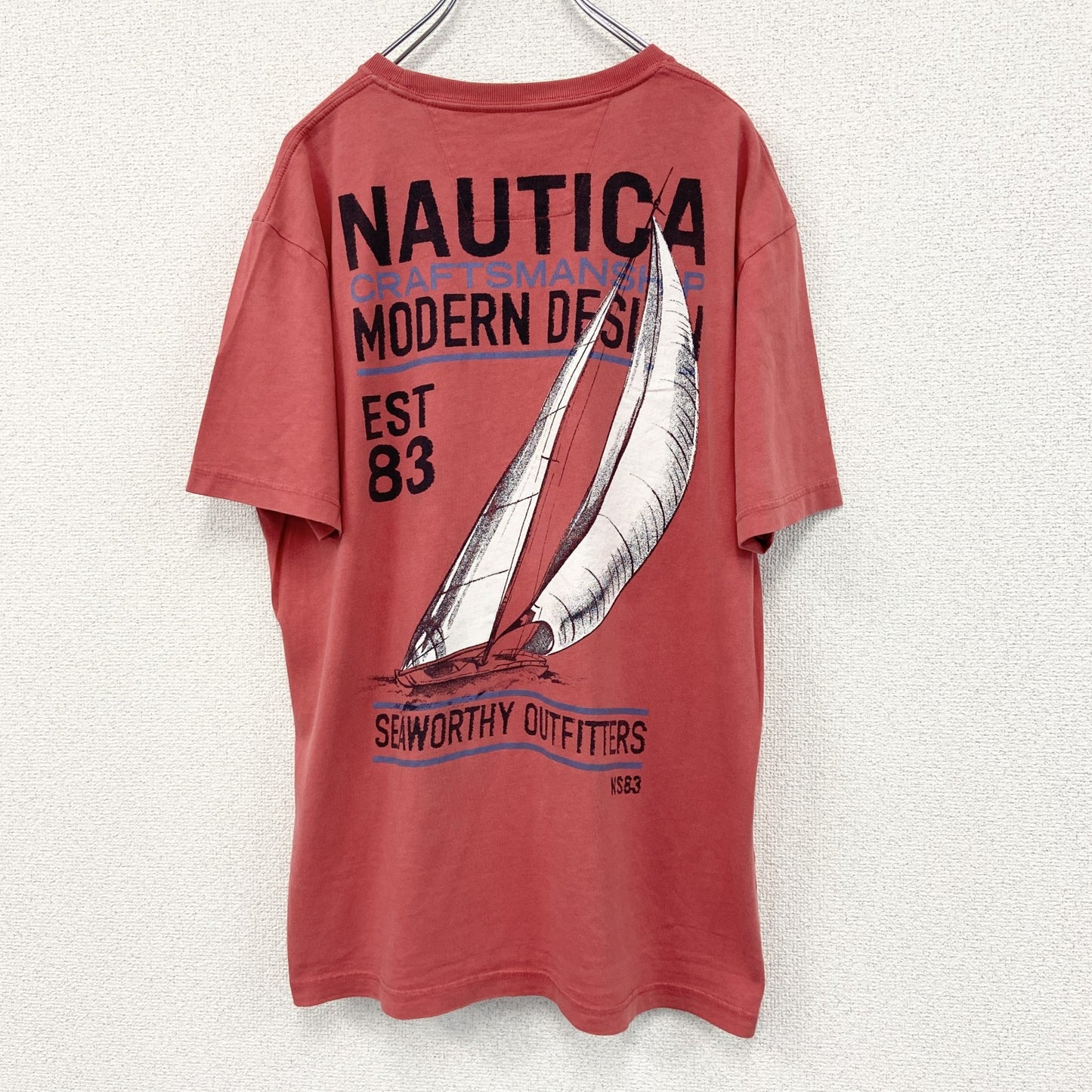 古着 used　NAUTICA　半袖プリントTシャツ　ヨット　赤　レッド　カジュアルデザイン　クルーネック　レトロ　Lサイズ