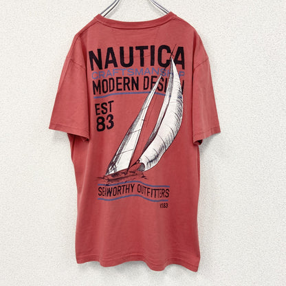古着 used　NAUTICA　半袖プリントTシャツ　ヨット　赤　レッド　カジュアルデザイン　クルーネック　レトロ　Lサイズ
