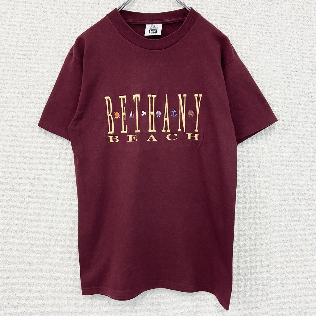 90s　Lee　リー　半袖プリントTシャツ　刺繍ロゴ　クルーネック　ヴィンテージ　ボルドー　Mサイズ