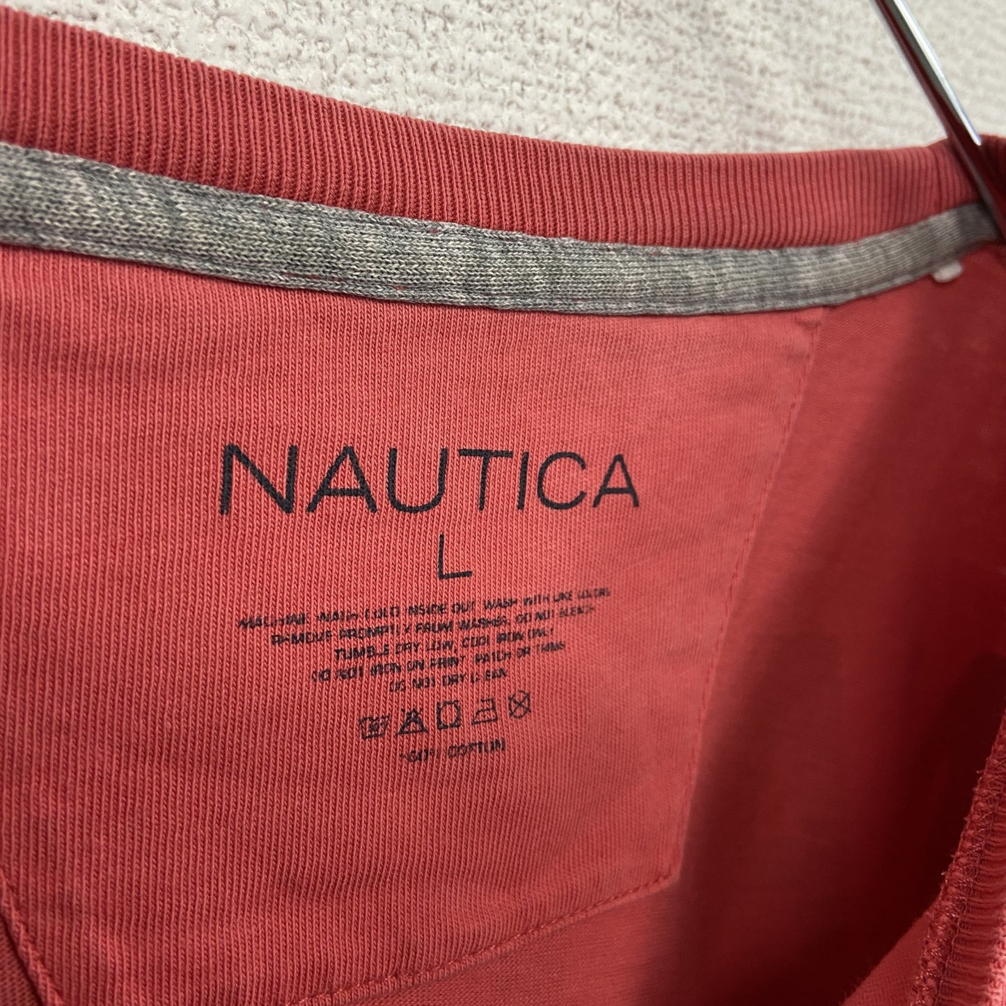 古着 used　NAUTICA　半袖プリントTシャツ　ヨット　赤　レッド　カジュアルデザイン　クルーネック　レトロ　Lサイズ