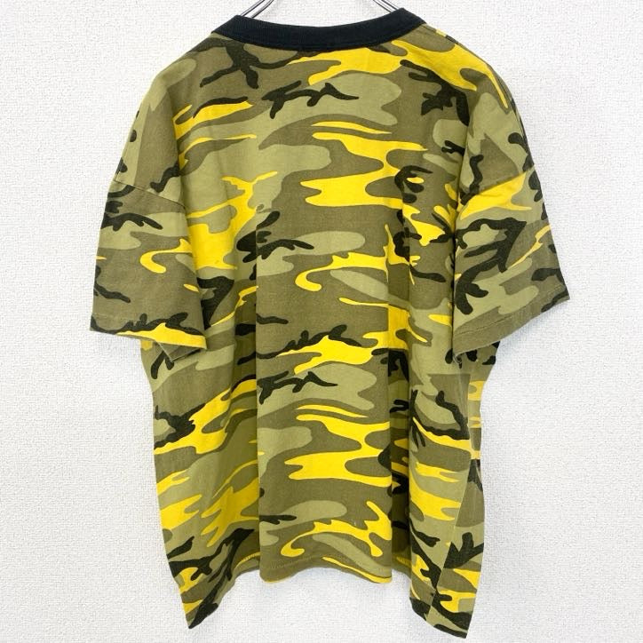 古着 used　半袖プリントTシャツ　クルーネック　シングルステッチ　迷彩柄　カモフラ　レトロデザイン　カーキ