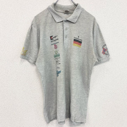 古着 used 　FRUIT OF THE LOOM　半袖プリントポロシャツ　バックプリント　レトロ　国旗　灰　グレー　Lサイズ