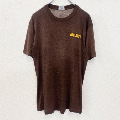 古着 used　90s　半袖プリントTシャツ　USA製　薄手　シングルステッチ　クルーネック　茶色　ブラウン　Lサイズ