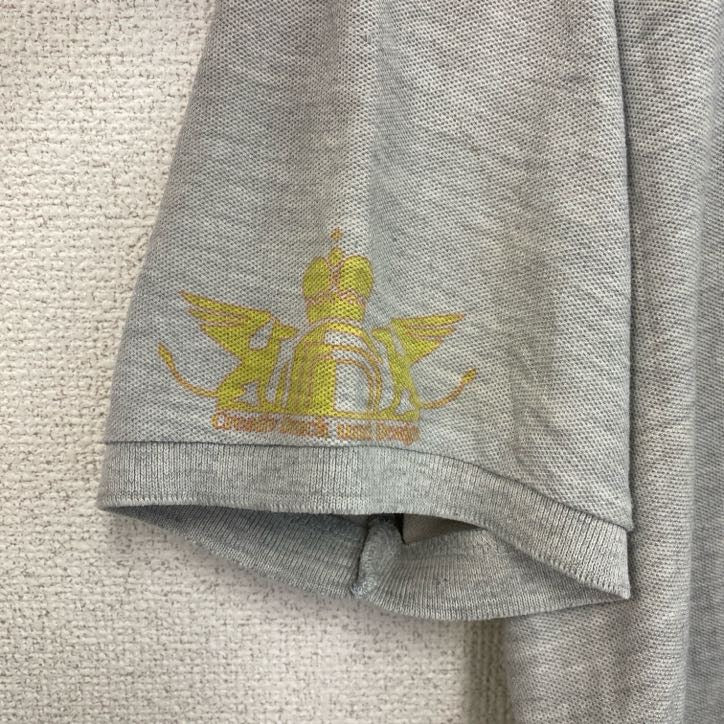 古着 used 　FRUIT OF THE LOOM　半袖プリントポロシャツ　バックプリント　レトロ　国旗　灰　グレー　Lサイズ