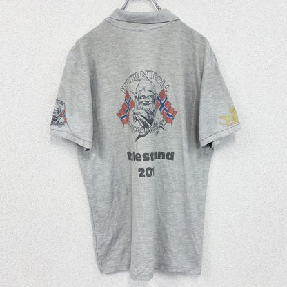 古着 used 　FRUIT OF THE LOOM　半袖プリントポロシャツ　バックプリント　レトロ　国旗　灰　グレー　Lサイズ