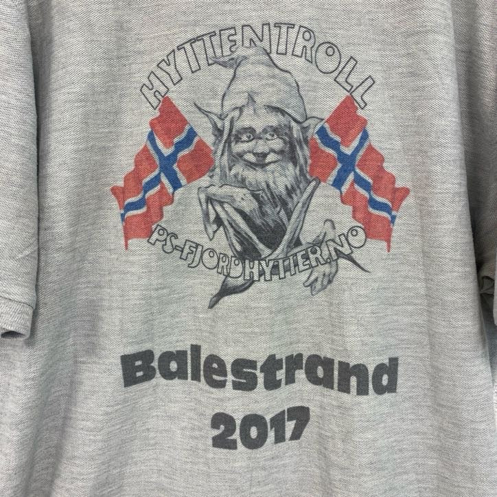 古着 used 　FRUIT OF THE LOOM　半袖プリントポロシャツ　バックプリント　レトロ　国旗　灰　グレー　Lサイズ