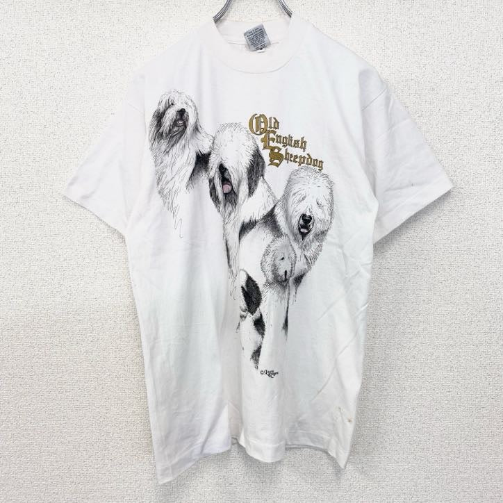 古着 used　90s　半袖アニマルプリントTシャツ　犬　オールドイングリッシュシープドッグ　シングルステッチ　Mサイズ