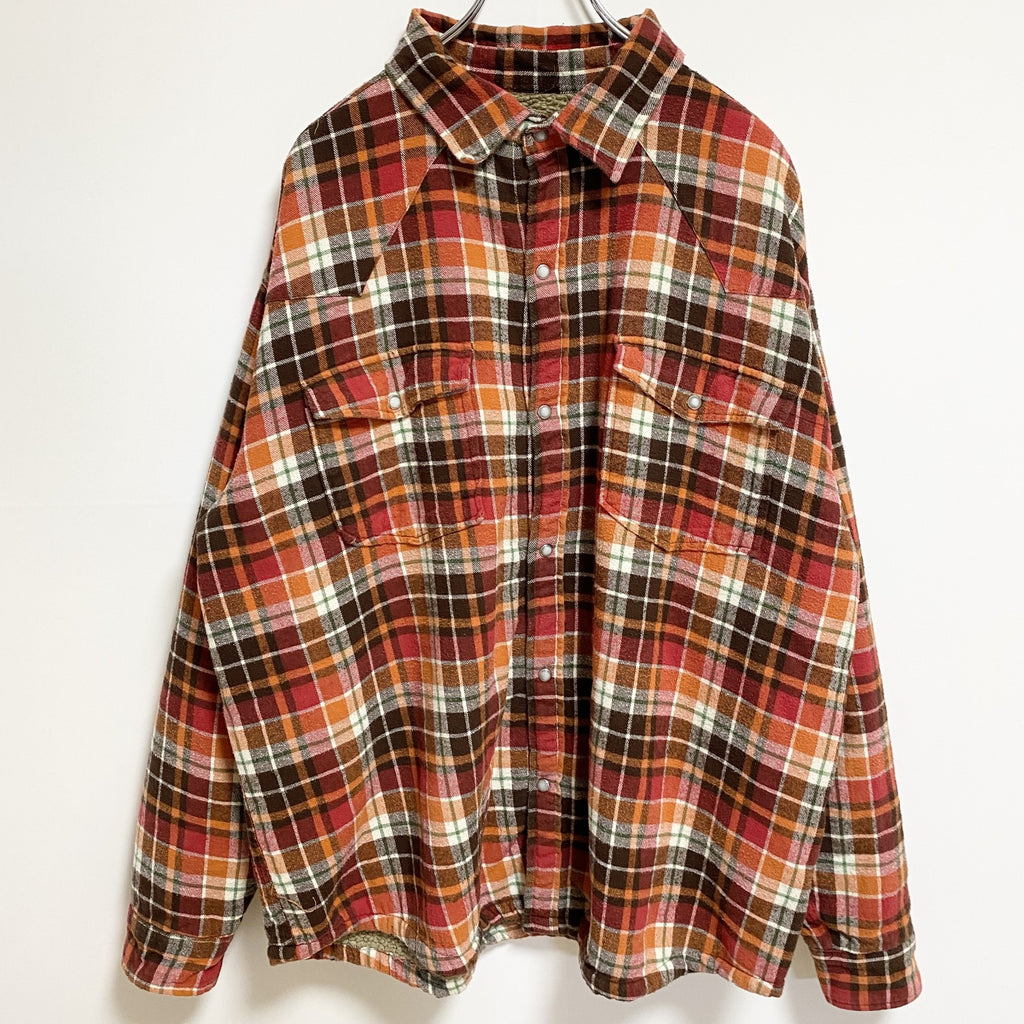 古着 used　WORKWEAR　長袖CPOシャツジャケット　チェック柄　ボア裏地　ビックシルエット　赤　オレンジ　XXLサイズ