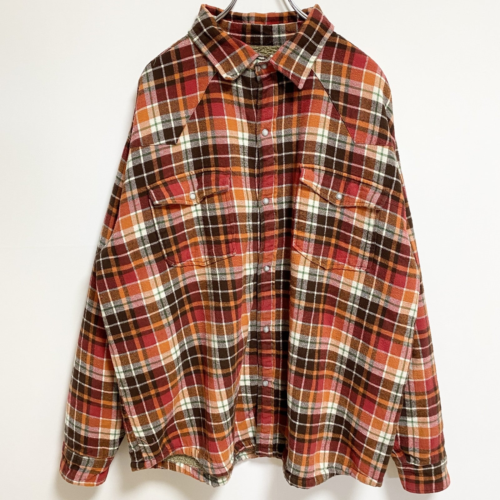 古着 used　WORKWEAR　長袖CPOシャツジャケット　チェック柄　ボア裏地　ビックシルエット　赤　オレンジ　XXLサイズ