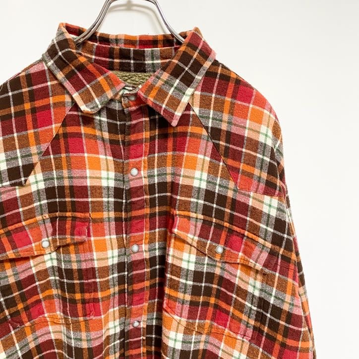 古着 used　WORKWEAR　長袖CPOシャツジャケット　チェック柄　ボア裏地　ビックシルエット　赤　オレンジ　XXLサイズ