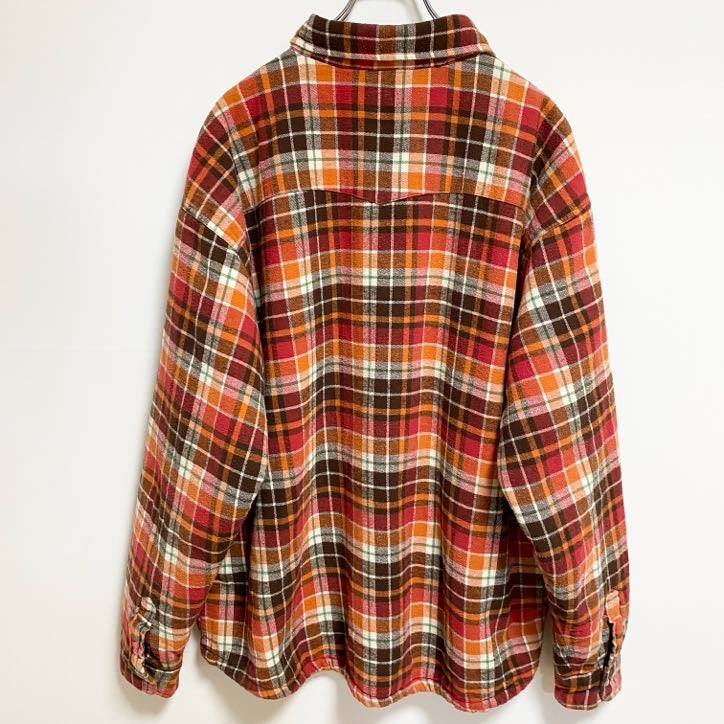 古着 used　WORKWEAR　長袖CPOシャツジャケット　チェック柄　ボア裏地　ビックシルエット　赤　オレンジ　XXLサイズ