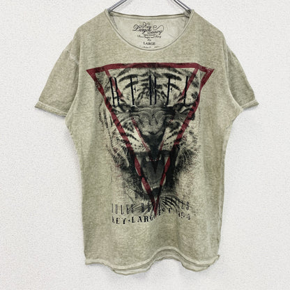 古着 used　半袖アニマルプリントTシャツ　虎　トラ　タイガー　レトロデザイン　クルーネック　カーキー　Lサイズ
