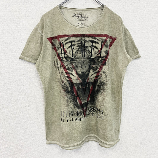 古着 used　半袖アニマルプリントTシャツ　虎　トラ　タイガー　レトロデザイン　クルーネック　カーキー　Lサイズ