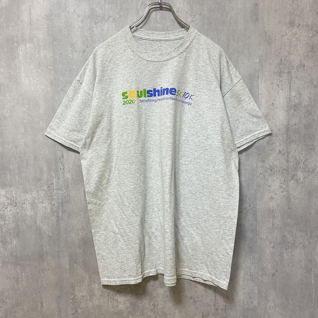 古着 used　半袖プリントTシャツ　クルーネック　霜降りカラー　バックプリント　レトロデザイン　Lサイズ