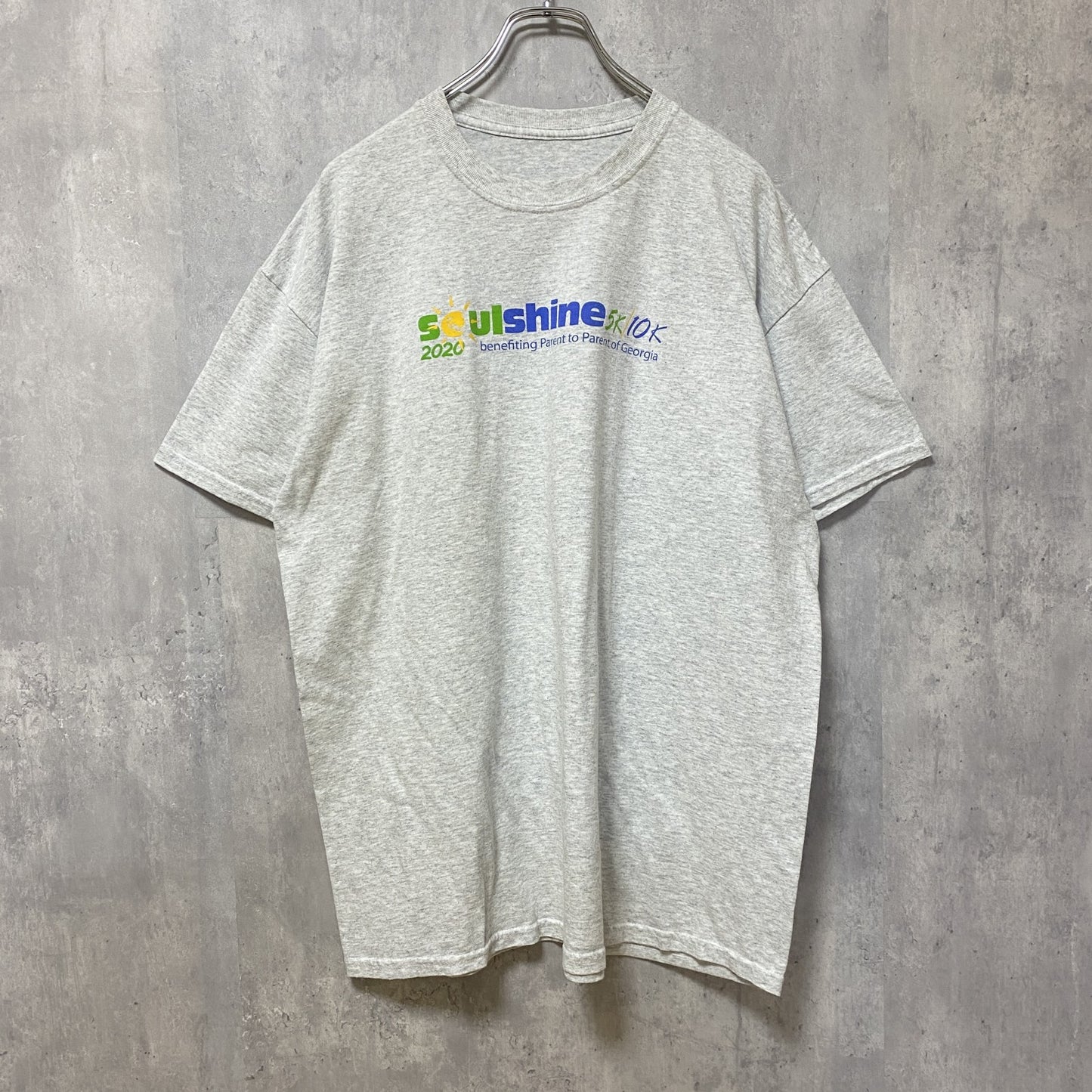 古着 used　半袖プリントTシャツ　クルーネック　霜降りカラー　バックプリント　レトロデザイン　Lサイズ