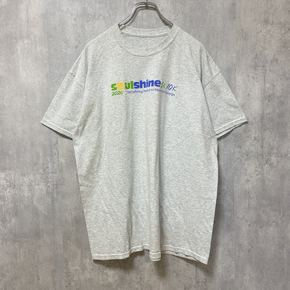 古着 used　半袖プリントTシャツ　クルーネック　霜降りカラー　バックプリント　レトロデザイン　Lサイズ