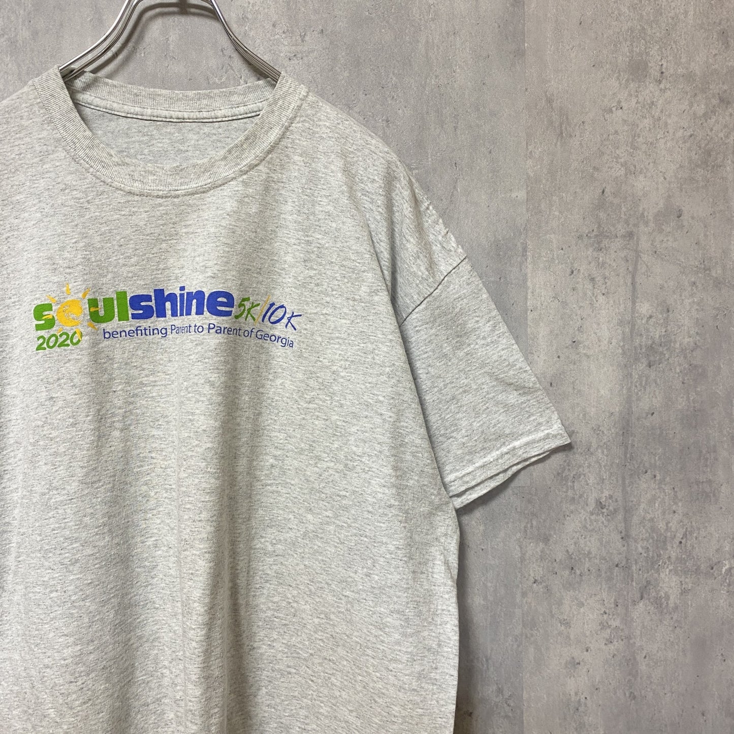 古着 used　半袖プリントTシャツ　クルーネック　霜降りカラー　バックプリント　レトロデザイン　Lサイズ
