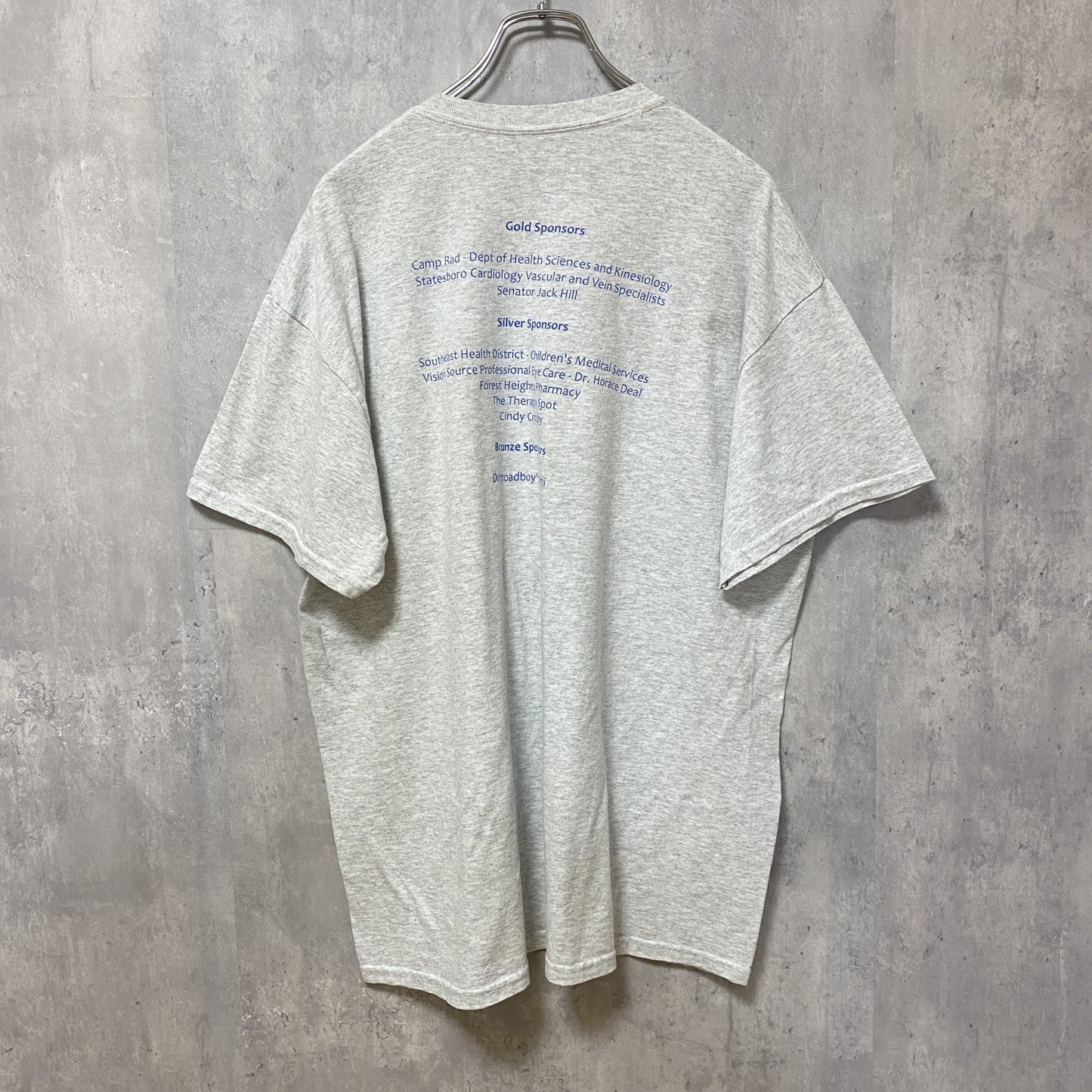 古着 used　半袖プリントTシャツ　クルーネック　霜降りカラー　バックプリント　レトロデザイン　Lサイズ