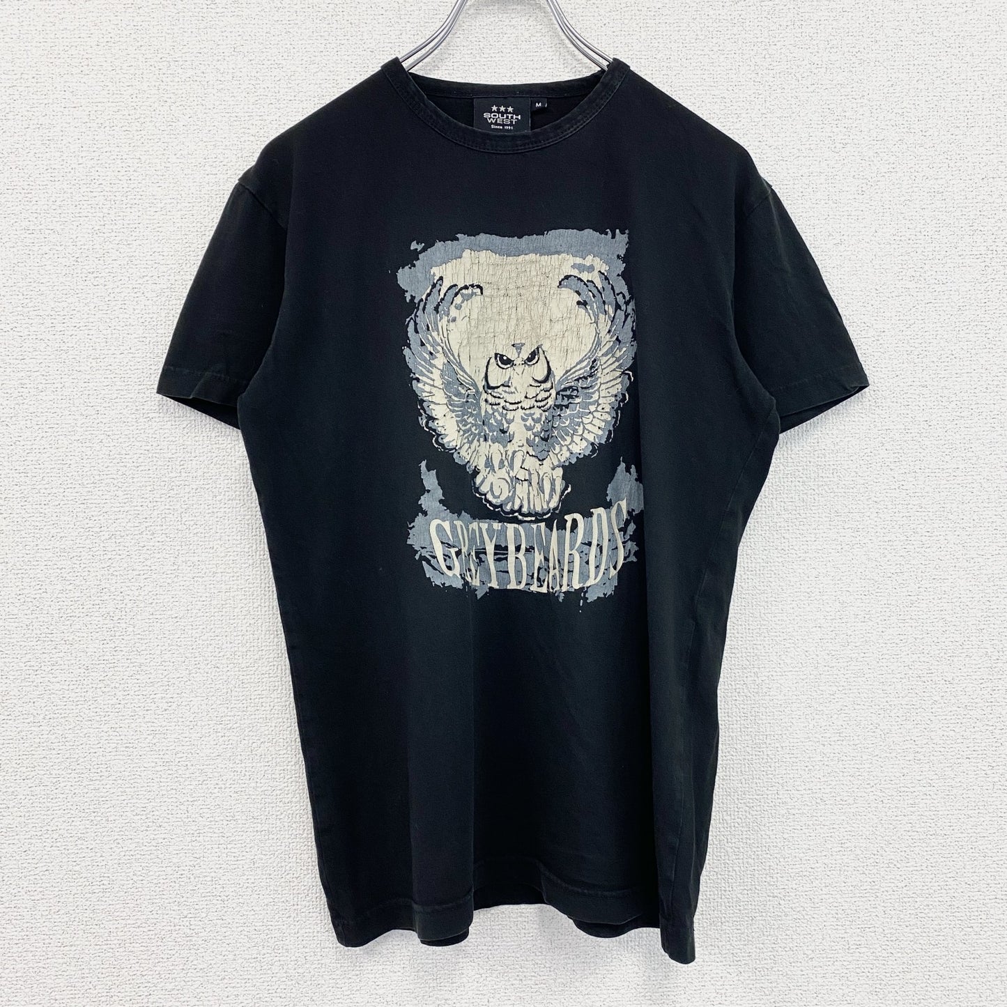古着 used　SOUTH WEST　半袖アニマルプリントTシャツ　フクロウ　梟　レトロ　クルーネック　黒　ブラック　Ｍサイズ　
