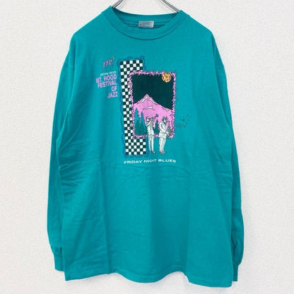 古着 used　90s　長袖プリントTシャツ　USA製　コットン100%　シングルステッチ　クルーネック　グリーン　XLサイズ