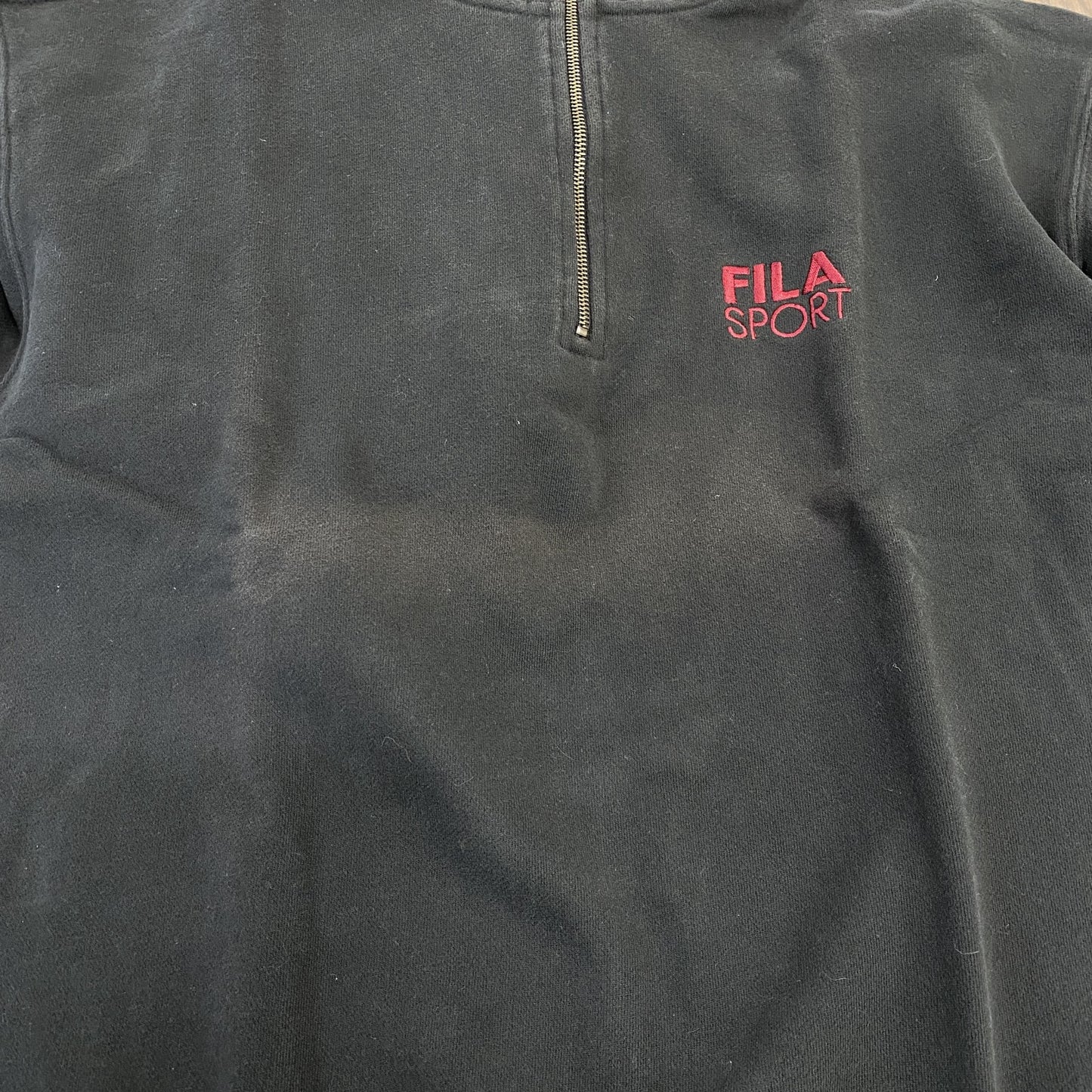 古着 used　FILA フィラ　長袖ハーフジップスウェット　トレーナー　ワンポイントロゴ刺繍　コットン　ハイネック　Lサイズ