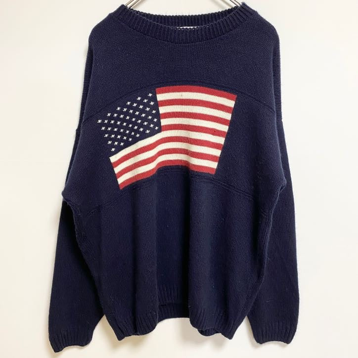 ～90s　NEW ERA　ニューエラ　USA製　長袖デザインニット　セーター　星条旗　国旗　秋冬服　Ｌサイズ