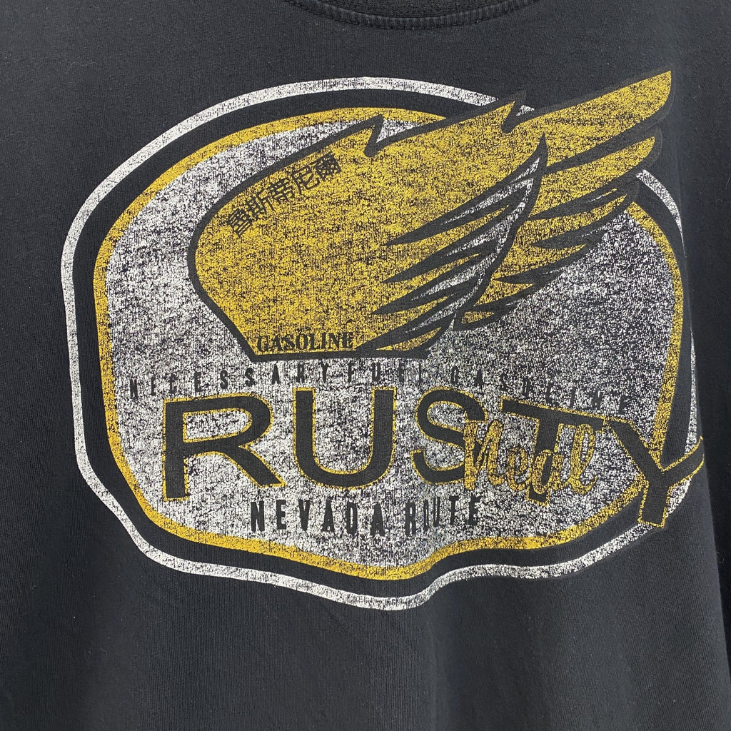古着 used　RUSTY　半袖プリントTシャツ　レトロデザイン　クルーネック　ロゴ刺繍　黒　ブラック　XXLサイズ