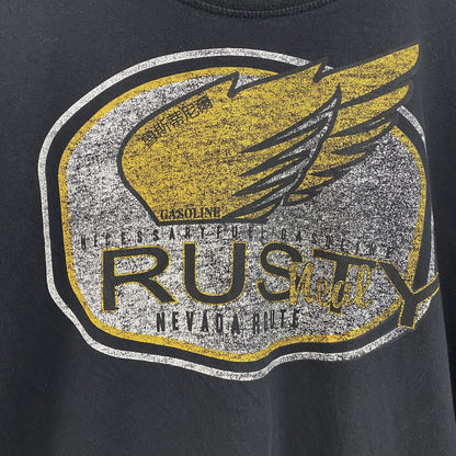 古着 used　RUSTY　半袖プリントTシャツ　レトロデザイン　クルーネック　ロゴ刺繍　黒　ブラック　XXLサイズ
