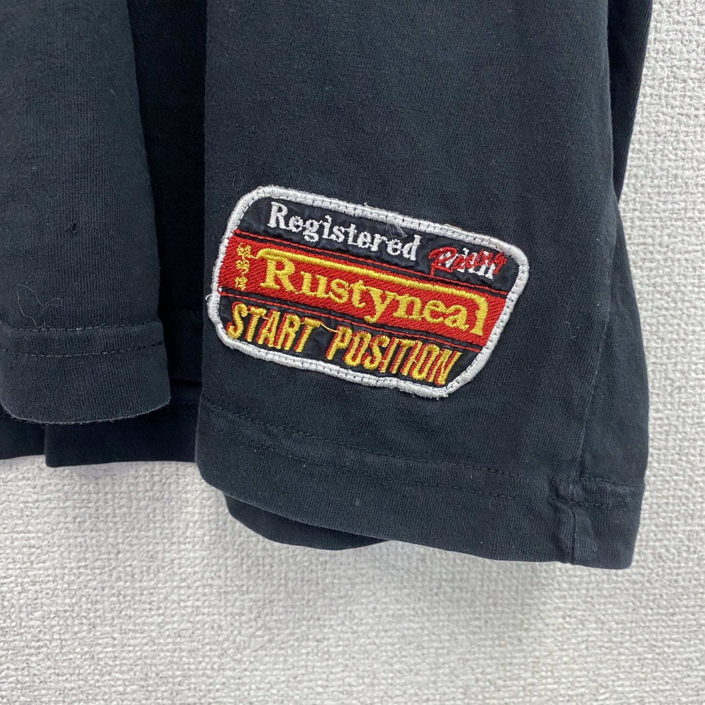 古着 used　RUSTY　半袖プリントTシャツ　レトロデザイン　クルーネック　ロゴ刺繍　黒　ブラック　XXLサイズ